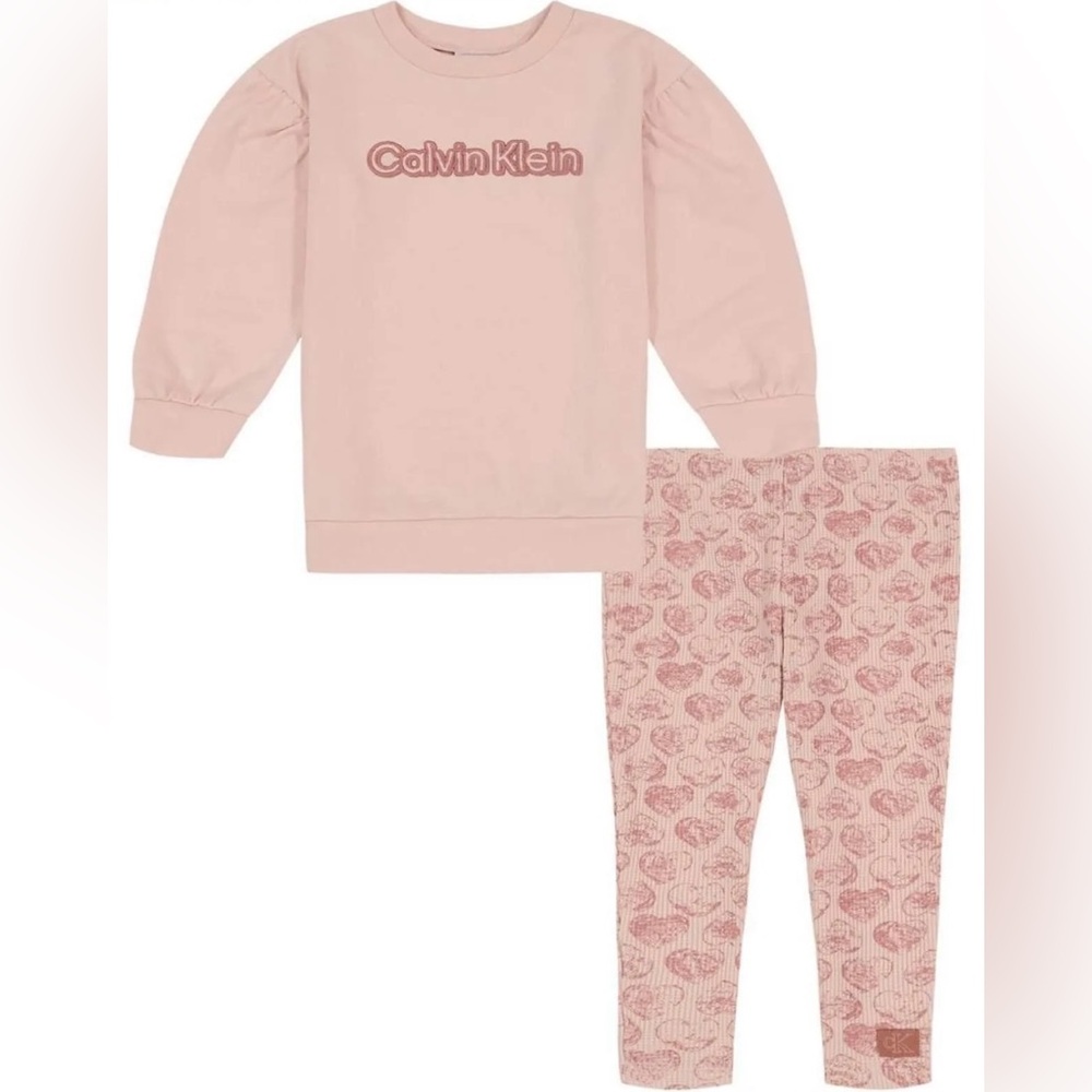 Toddler Girls 2 Piece Calvin Klein Crewneck Top & Printed Leggings Outfit- Macys